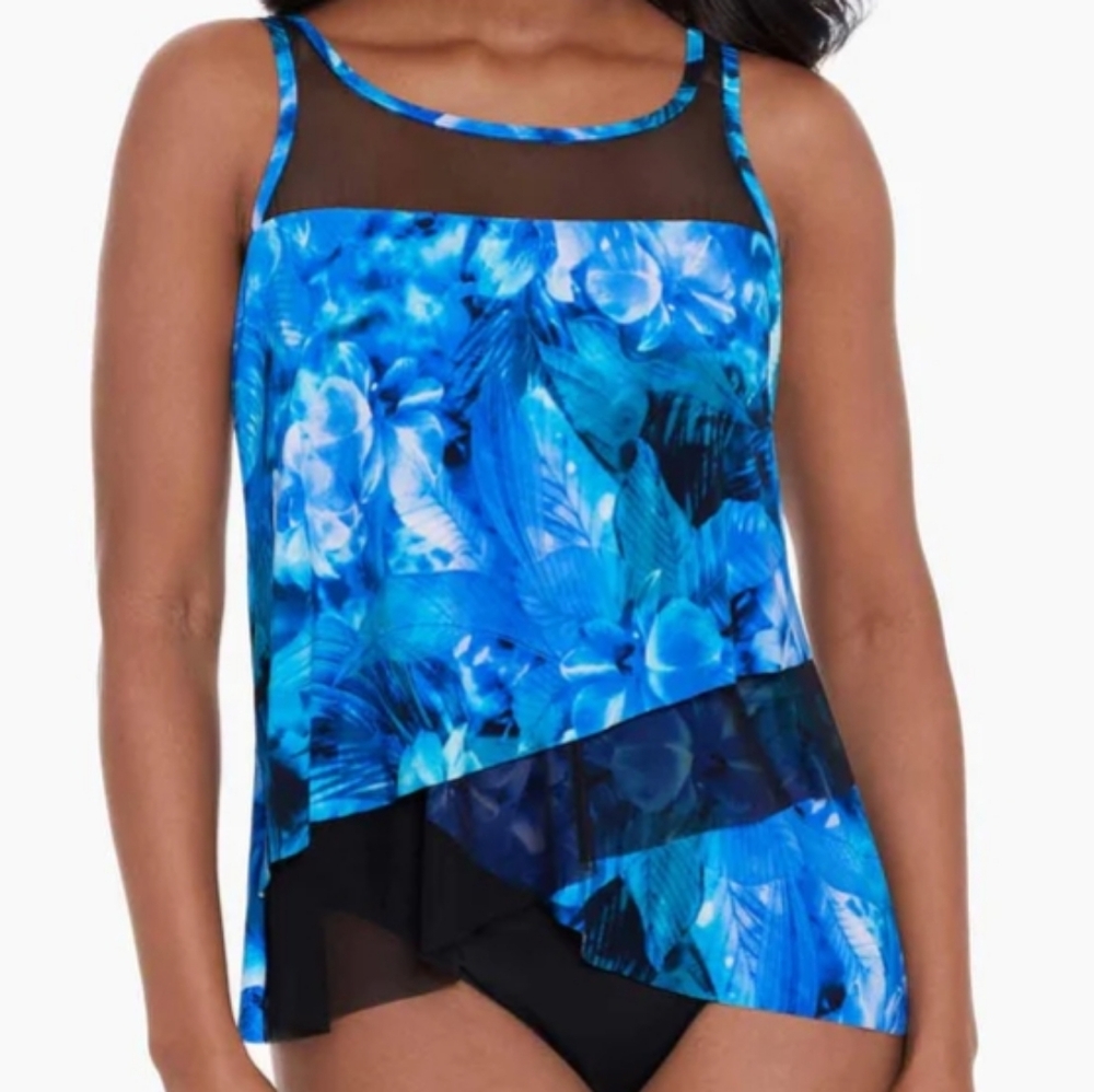 Miraclesuit Tankini Blue and Black Top sz 10 NWT